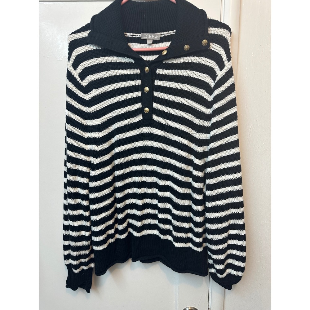 J.Crew Women Black White Striped Cotton Knit Button Collar Sweater 2X Gold Crest